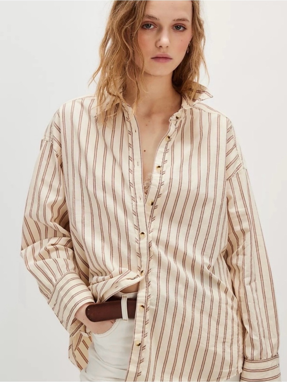 We The Free Cream Button-Down with Tan Stripes